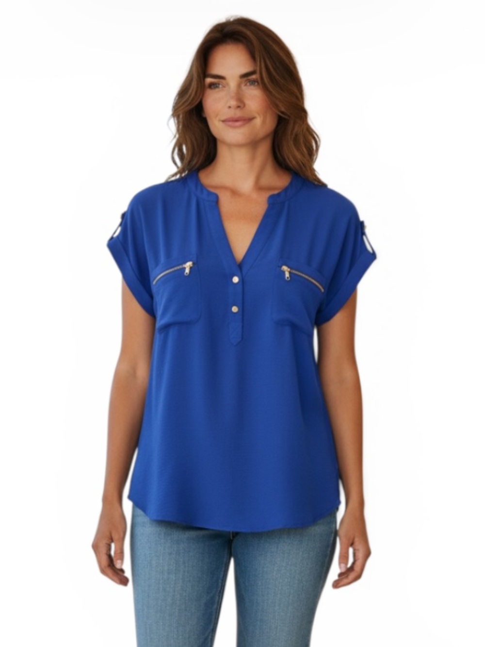 Lily White Cobalt Blue Short-Sleeve Blouse